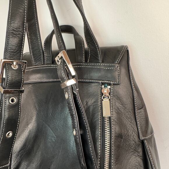 Vintage PERLINA Backpack Black Leather SnapTop Handle Adjustable Strap Handbag